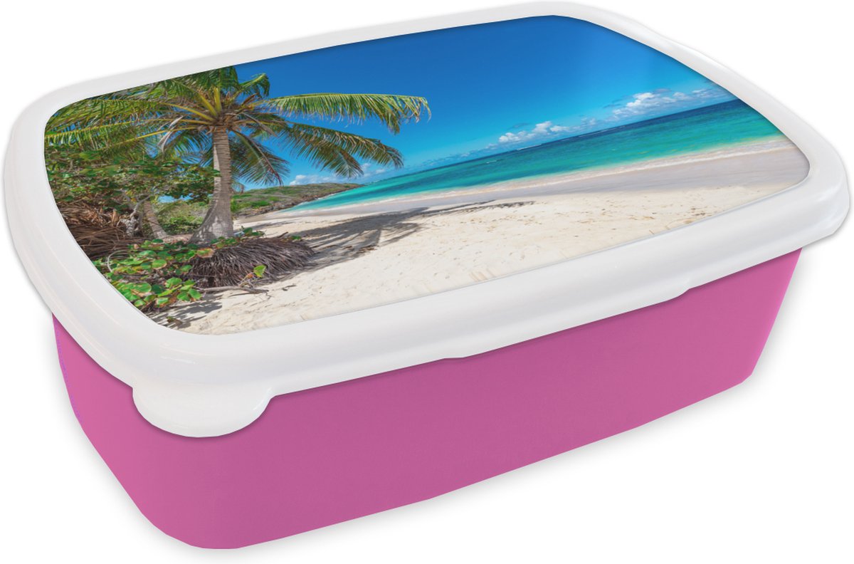 Broodtrommel Roze - Lunchbox - Brooddoos - Strand - Zee - Tropisch - 18x12x6 cm - Kinderen - Meisje