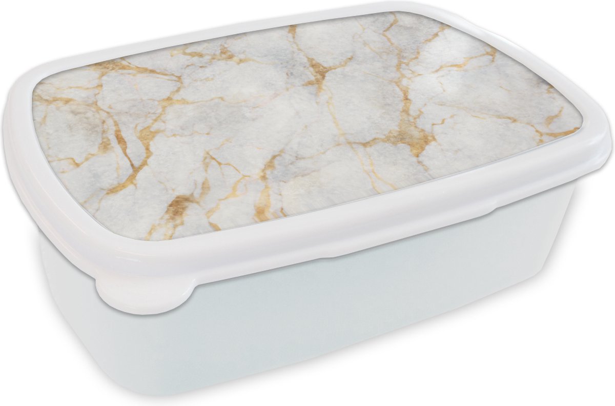 Broodtrommel Wit - Lunchbox - Brooddoos - Marmer - Wit - Goud - Abstract - 18x12x6 cm - Volwassenen
