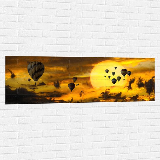 WallClassics - Muursticker - Zee van Luchtballonnen bij Zon en Wolken - 150x50 cm Foto op Muursticker