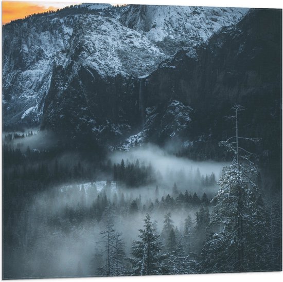 WallClassics - Vlag - Hoge Bergen boven de Bomen uit - 80x80 cm Foto op Polyester Vlag