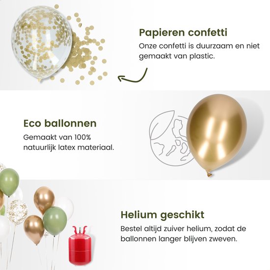 Partizzle 50x Olijfgroene, Gouden & Witte Helium Confetti Ballonnen - Groene Verjaardag Versiering - Ballonnenboog Maken - Latex - Partizzle®