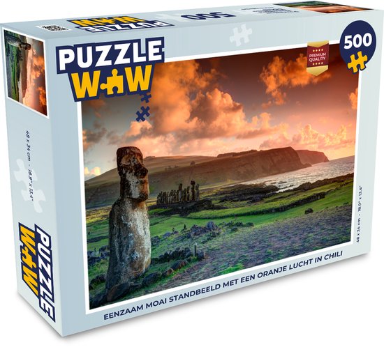 Foto: Puzzel eenzaam moai standbeeld met een oranje lucht in chili legpuzzel puzzel 500 stukjes