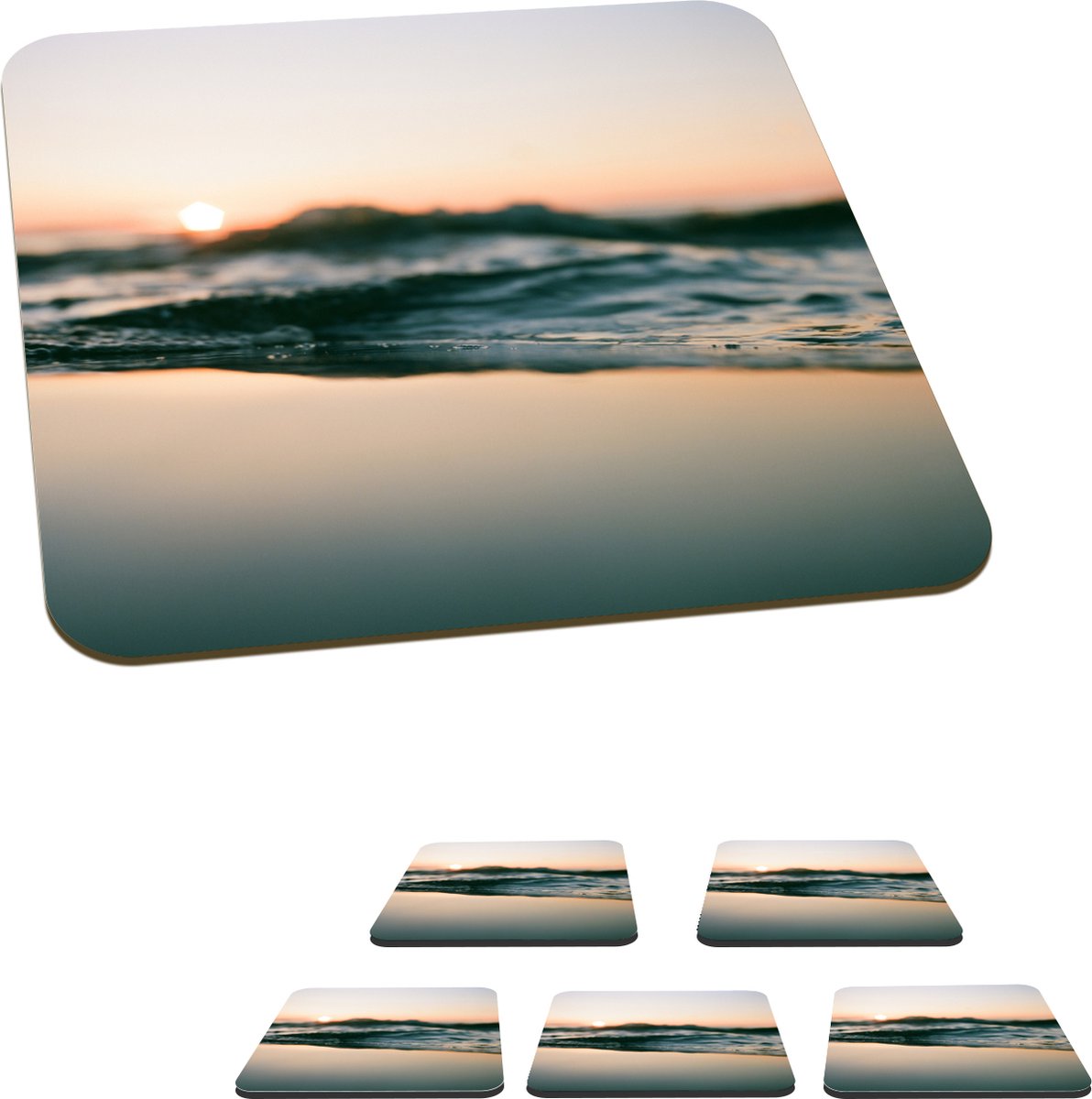 Onderzetters voor glazen - Zee - Golven - Zon - 10x10 cm - Glasonderzetters - 6 stuks