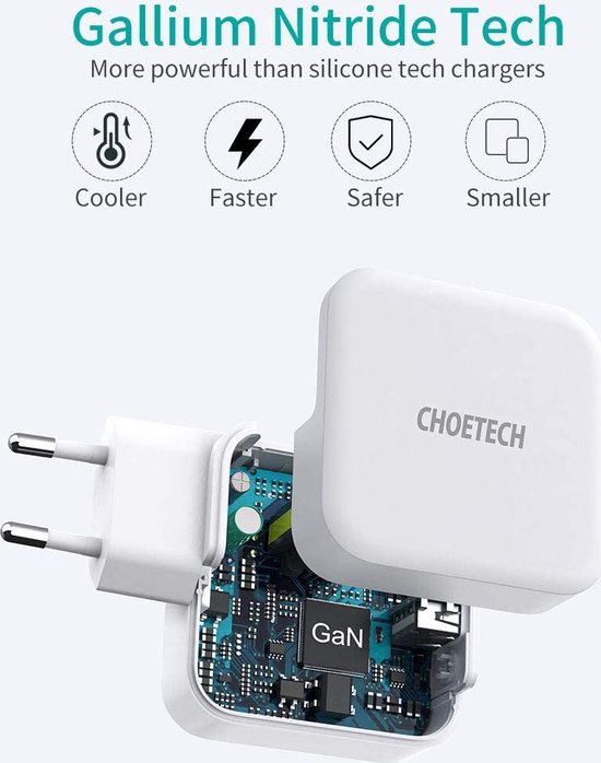 Choetech - Dual GaN-Tech stroomadapter USB-C/USB-A - Power Delivery - 65W