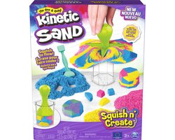 foto van Kinetic Sand - Squish N’ Create met 382 g blauw geel en roze origineel kinetisch zand en 5 gereedschappen - Sensoriche speelgoed