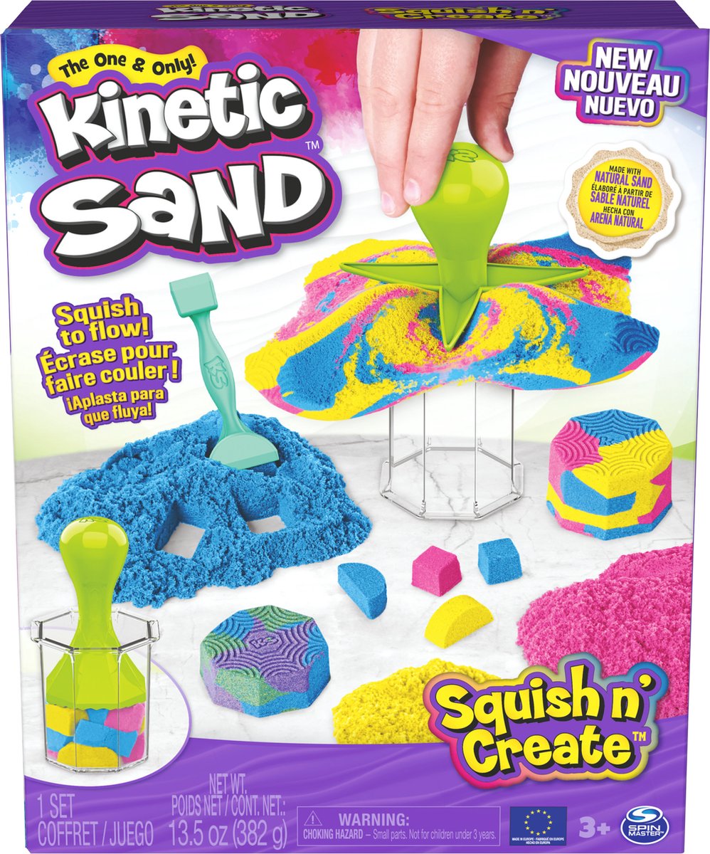 Kinetic Sand - Squish N' Create met 382 g blauw geel en roze speelzand en 5 gereedschappen - Sensoriche speelgoed