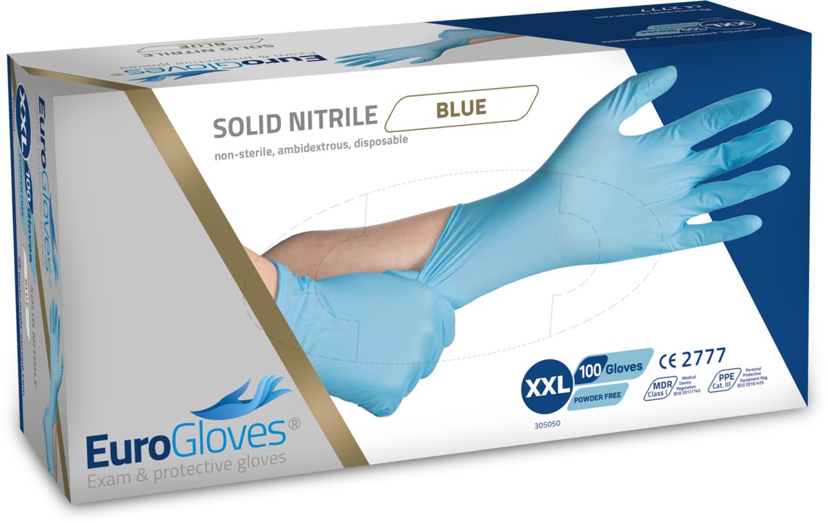 Goedkoopste Eurogloves Solid nitrile handschoenen blauw, poedervrij, 10 x 100 stuks, maat XXL (VOORDEELVERPAKKING