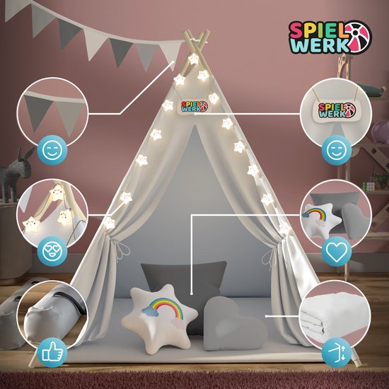 Witte tipi speeltent met sterverlichting, vlaggetjes. Met illustraties van de kussens en deken.