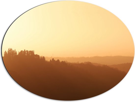 WallClassics - Dibond Ovaal - Mistig Heuvel Landschap met Opkomende Zon - 68x51 cm Foto op Ovaal (Met Ophangsysteem)