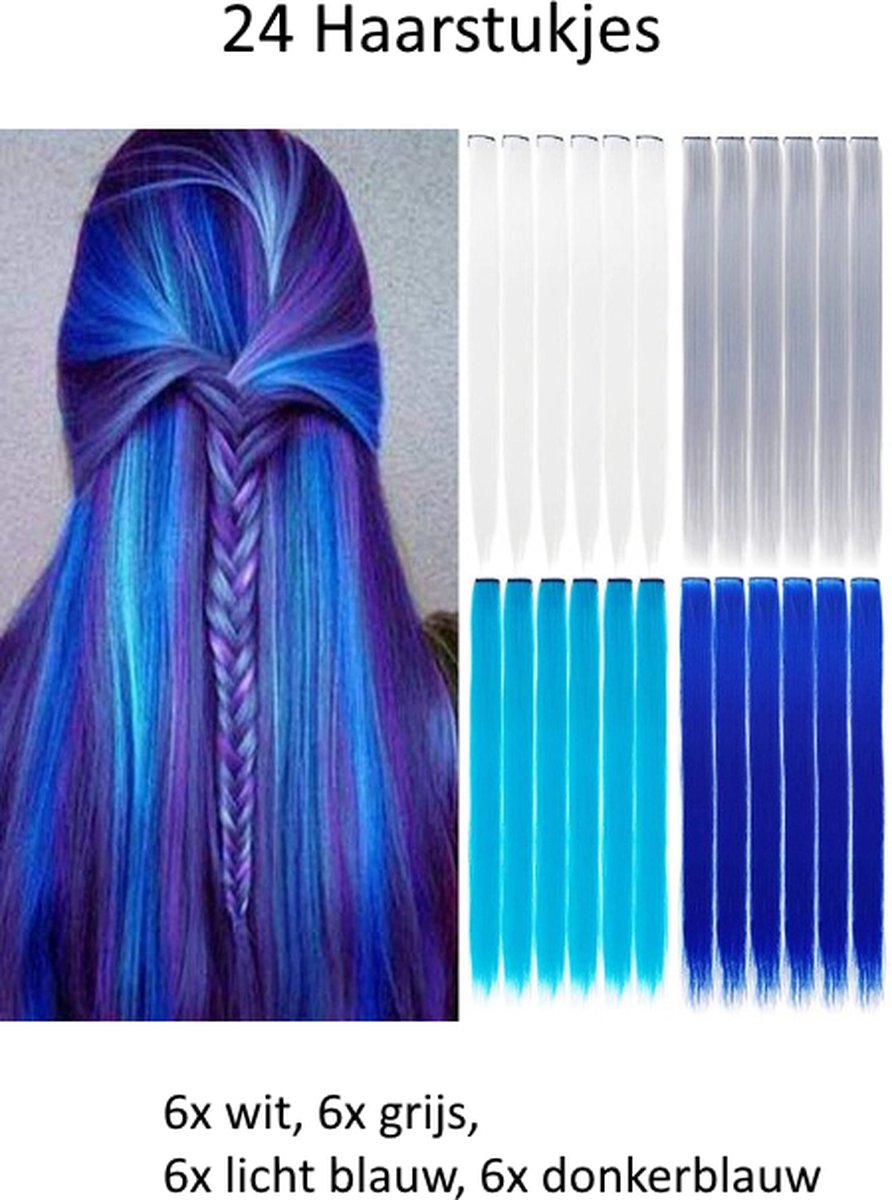 FISKA - 24X Hairextension Mix Kleur Blauw/Wit - Clip In Haar - Haar Extension - Nephaar - Kunsthaar - Carnaval - Verkleden