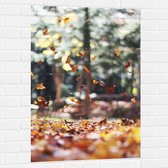 WallClassics - Muursticker - Vallende Bladeren in Bos - 70x105 cm Foto op Muursticker