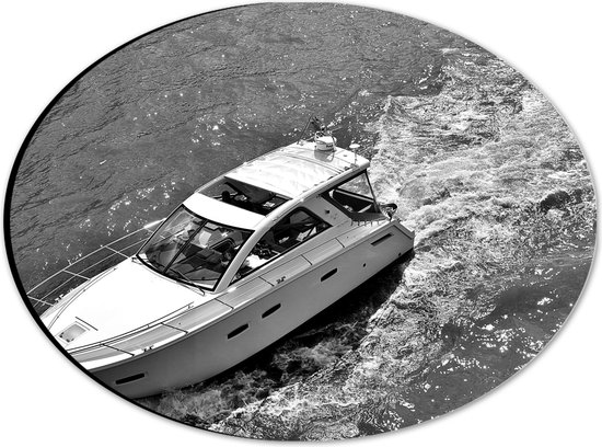 WallClassics - Dibond Ovaal - Speedboot in Zwart Wit - 28x21 cm Foto op Ovaal (Met Ophangsysteem)