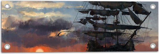 WallClassics - Tuinposter – Groot Piratenschip op Zee met Zon - 60x20 cm Foto op Tuinposter  (wanddecoratie voor buiten en binnen)