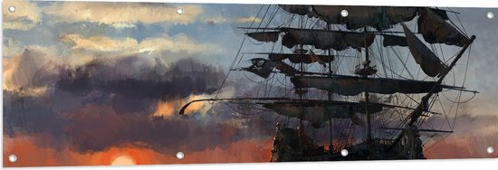 WallClassics - Tuinposter – Groot Piratenschip op Zee met Zon - 150x50 cm Foto op Tuinposter  (wanddecoratie voor buiten en binnen)