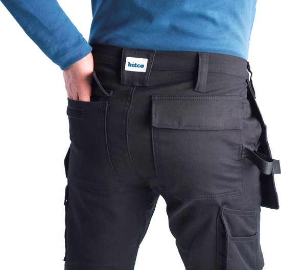 BITCO- SAUER -Stretch Black Work Pants Men Poches genouillères hydrofuges et oléofuges Renforcé en Water