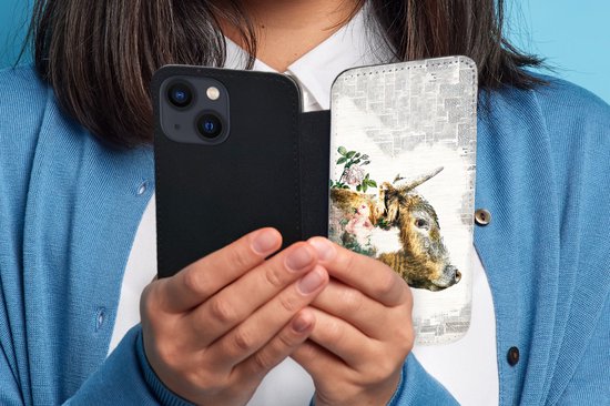 Bookcase pour iPhone 13 Mini Bookcase - Highlander écossais - Peinture - Fleurs - Avec compartiments - Étui portefeuille avec fermeture magnétique