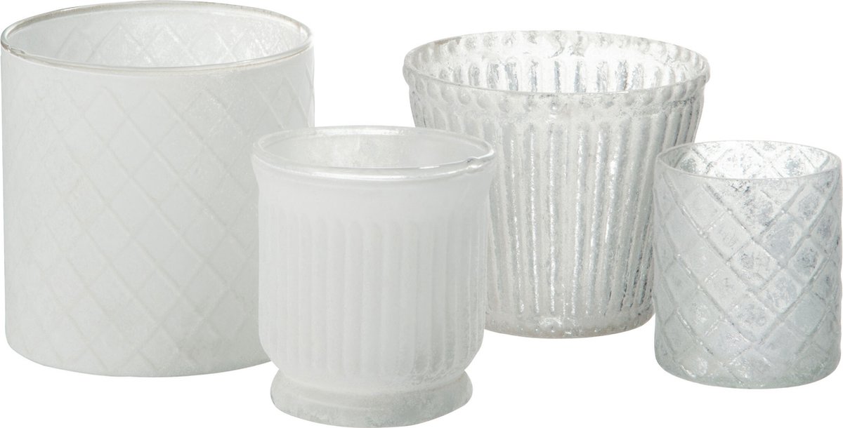 J-Line windlicht Streep - glas - wit - 6 stuks