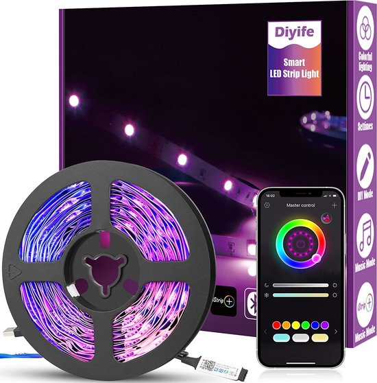 Diyife Ledstrip, 6 m, intelligente bediening, RGB-ledstrip, bluetooth-aansluiting, USB-interface, lichtstrip, muziek, spraaksynchronisatie, kleurverandering, tv-bank, gordijn