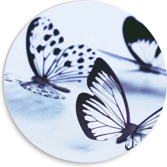 WallClassics - PVC Schuimplaat Muurcirkel - Zwarte Vlinders op Witte Achtergrond - 30x30 cm Foto op Muurcirkel (met ophangsysteem)