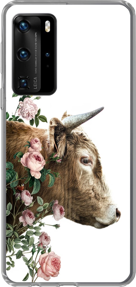 Telefoonhoesje Geschikt voor Huawei P40 Pro hoesje - Schotse hooglander - Koe - Bloemen - Siliconen Telefoonhoesje Telefoonhoesje