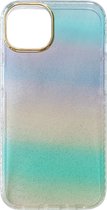 Casemania Hoesje Geschikt voor Apple iPhone 14 Plus Blauw - Extra Stevig Glitter Regenboog Siliconen Back Cover
