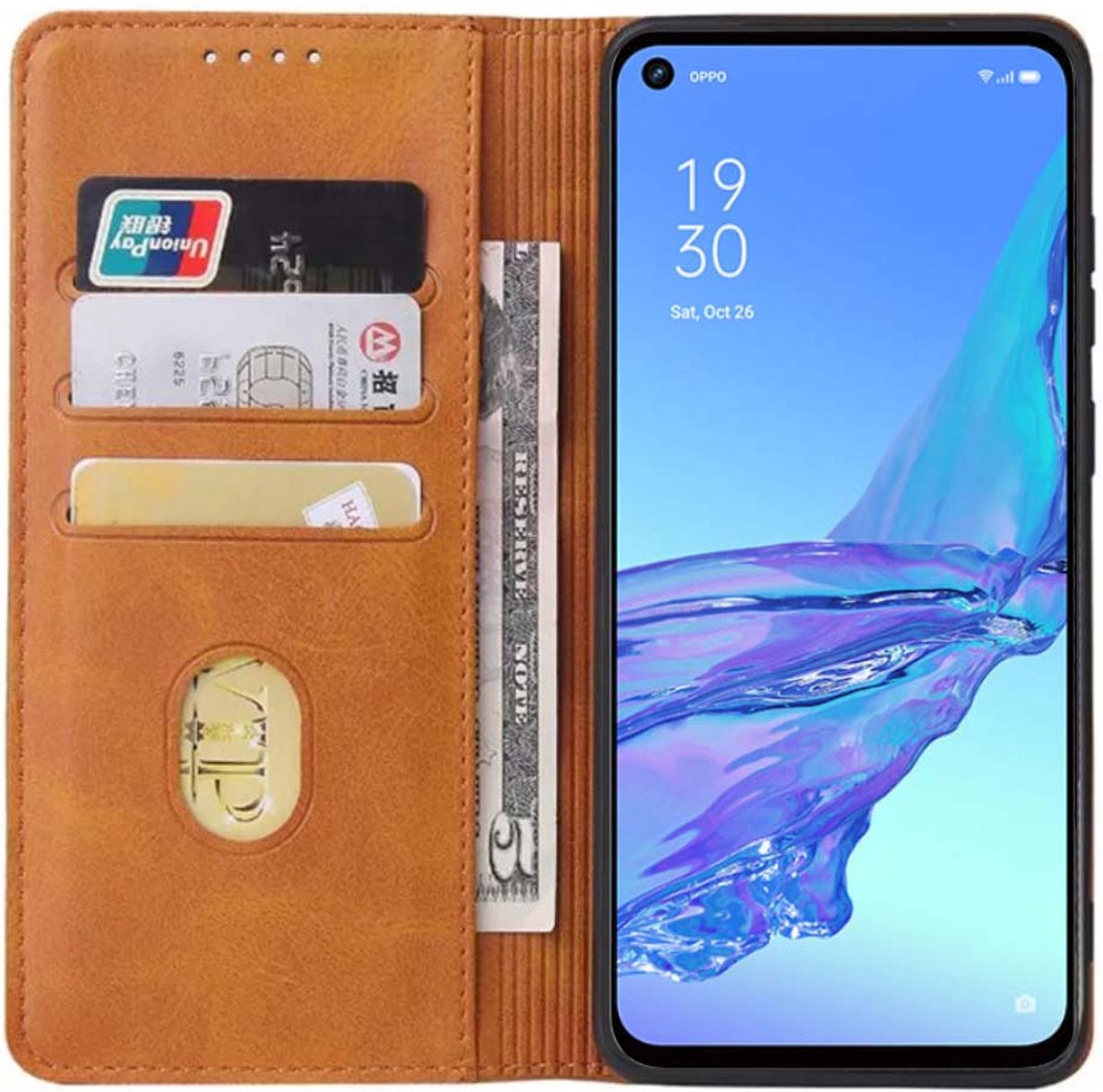 Smartphonica Oppo A53 leren hoesje met magnetische sluiting en pashouders book case – Bruin geschikt voor Oppo A53