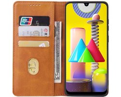 Smartphonica Samsung Galaxy M31 leren hoesje met magnetische sluiting en pashouders book case – Bruin geschikt voor Samsung Galaxy M31