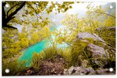 WallClassics - Tuinposter – Bovenop een Berg Uitkijkend over een Groen Meer - 60x40 cm Foto op Tuinposter  (wanddecoratie voor buiten en binnen)