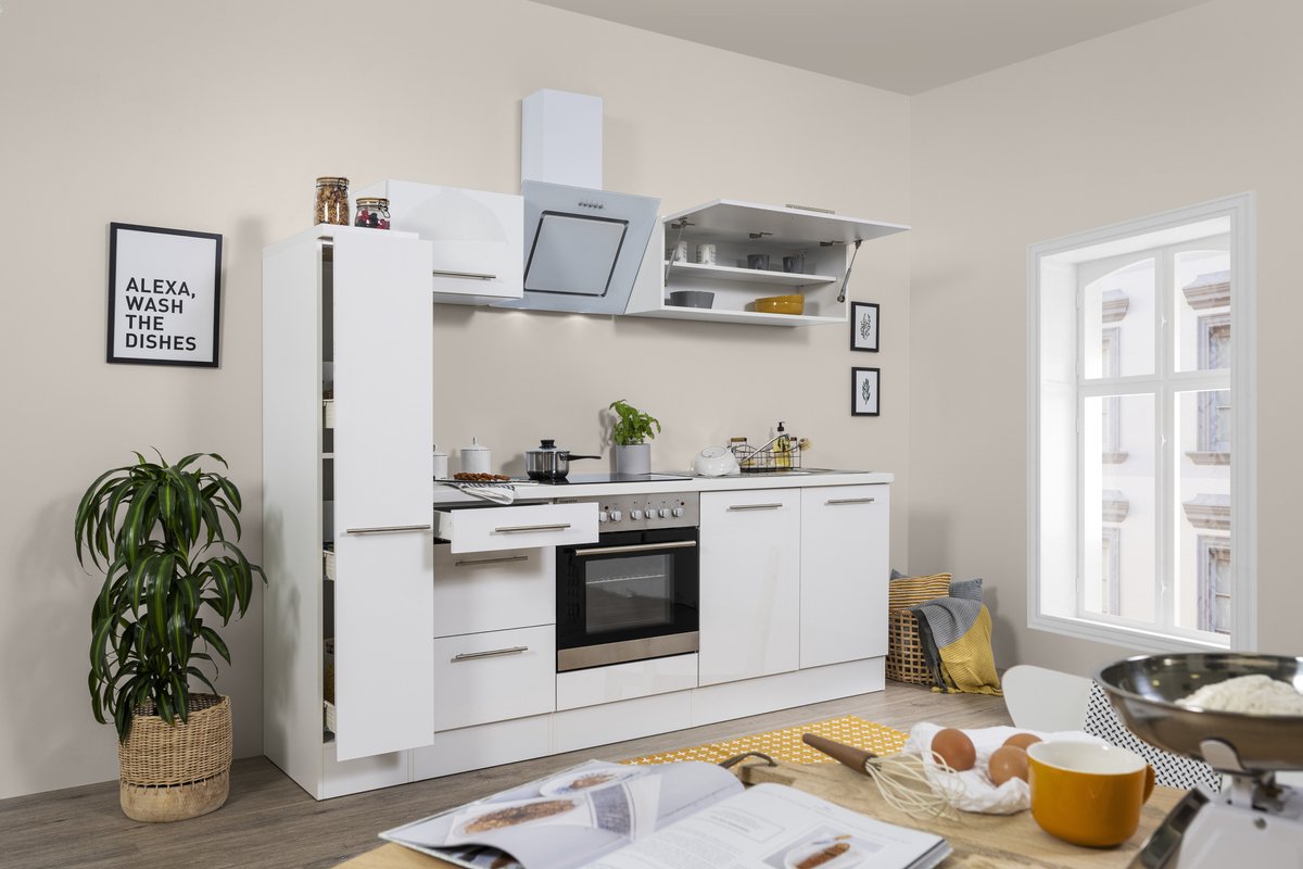 Goedkope keuken 240 cm - complete keuken met apparatuur Amanda - Wit/Wit - soft close - keramische kookplaat - afzuigkap - oven - spoelbak