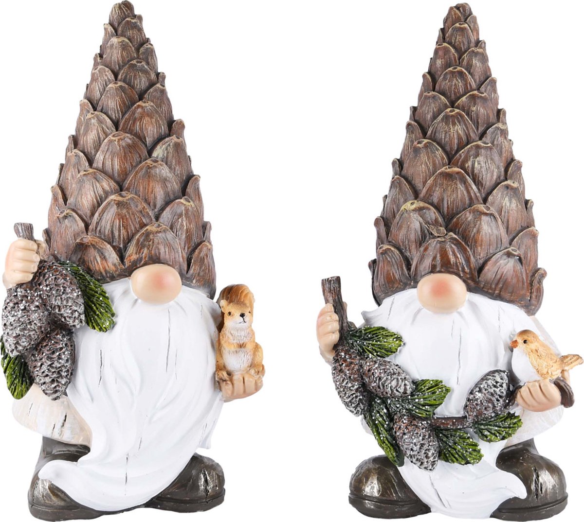 Set van 2 gnoompjes / gnoom met dier - Wit / bruin / beige / groen - 10 x 10 x 19 cm hoog per gnoom.