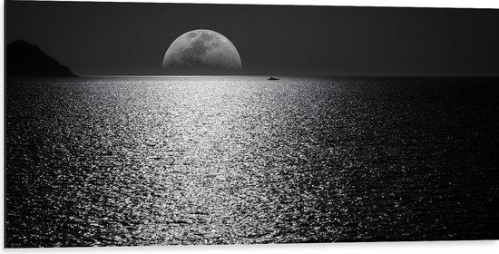 WallClassics - Dibond - Maan aan de Horizon bij de Zee Zwart / Wit - 100x50 cm Foto op Aluminium (Wanddecoratie van metaal)