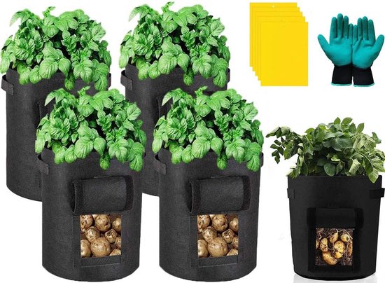 BLIENKREBY Plantenzakken 60 l, 5 stuks plantenpotten voor buiten met etiketten om te beschrijven, met handgrepen, vliesstof, voor tomaten, aardbeien, aardappelen, wortels