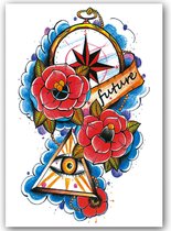 Temporary Tattoo Future Illuminati/Bloemen/Kompas (A5 formaat) [Neptattoo - Tijdelijke tatoeage - Nep Fake Tattoos - Water overdraagbare festival sticker henna outfit tattoo - Glitter tattoo - Volwassenen Kinderen Jongen Meisje]