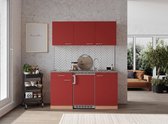 Goedkope keuken 150  cm - complete kleine keuken met apparatuur Gerda - Beuken/Rood - keramische kookplaat  - koelkast          - mini keuken - compacte keuken - keukenblok met apparatuur