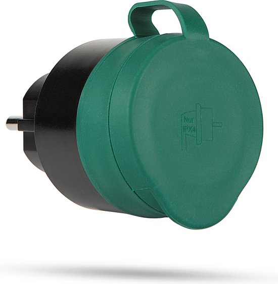 Zwarte slimme stekker met een groene, waterdichte klep. De klep is gesloten en toont het IPX4 symbool.