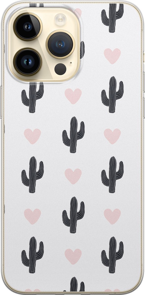 Leuke Telefoonhoesjes - Hoesje geschikt voor iPhone 14 Pro Max - Cactus hartjes - Soft case - TPU - Planten - Roze, Wit
