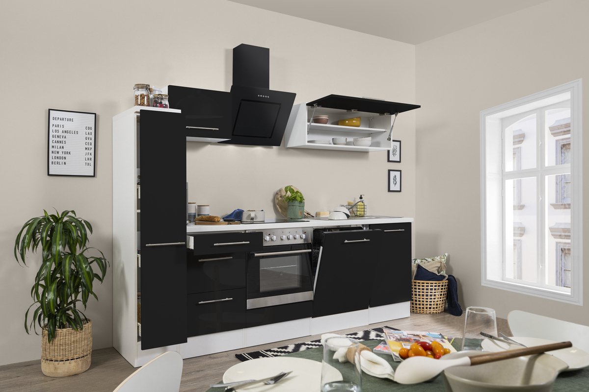Goedkope keuken 250 cm - complete keuken met apparatuur Amanda - Wit/Zwart - soft close - 