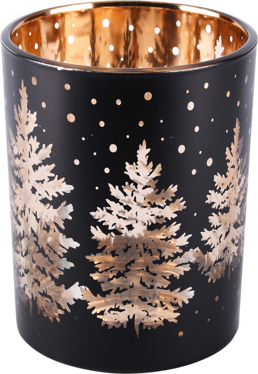 Windlicht / theelichthouder / waxinelichtjeshouder met kerstbomen - Zwart / goud - 10 x 10 x 13 cm hoog.