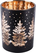 Windlicht / theelichthouder / waxinelichtjeshouder met kerstbomen - Zwart / goud - 10 x 10 x 13 cm hoog.