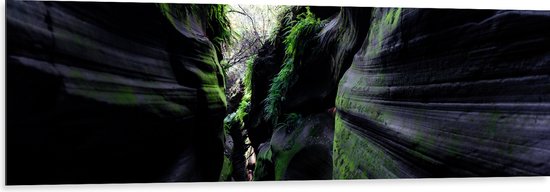 WallClassics - Dibond - Kloof Tussen Grijze Bergen met Mos - 150x50 cm Foto op Aluminium (Met Ophangsysteem)