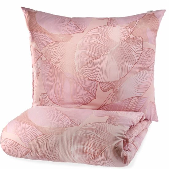 HOMLA Gallo microvezel beddengoed set met kussensloop - knus beddengoed met rits 2 kussenslopen - roze bladmotief 160 x 200 cm