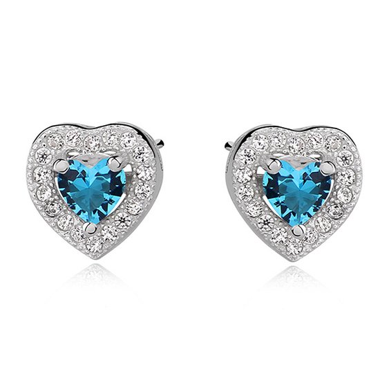 Joy|S - Zilveren hartje oorbellen - 8 mm - zirkonia aqua marine blauw - elegance - gehodineerd
