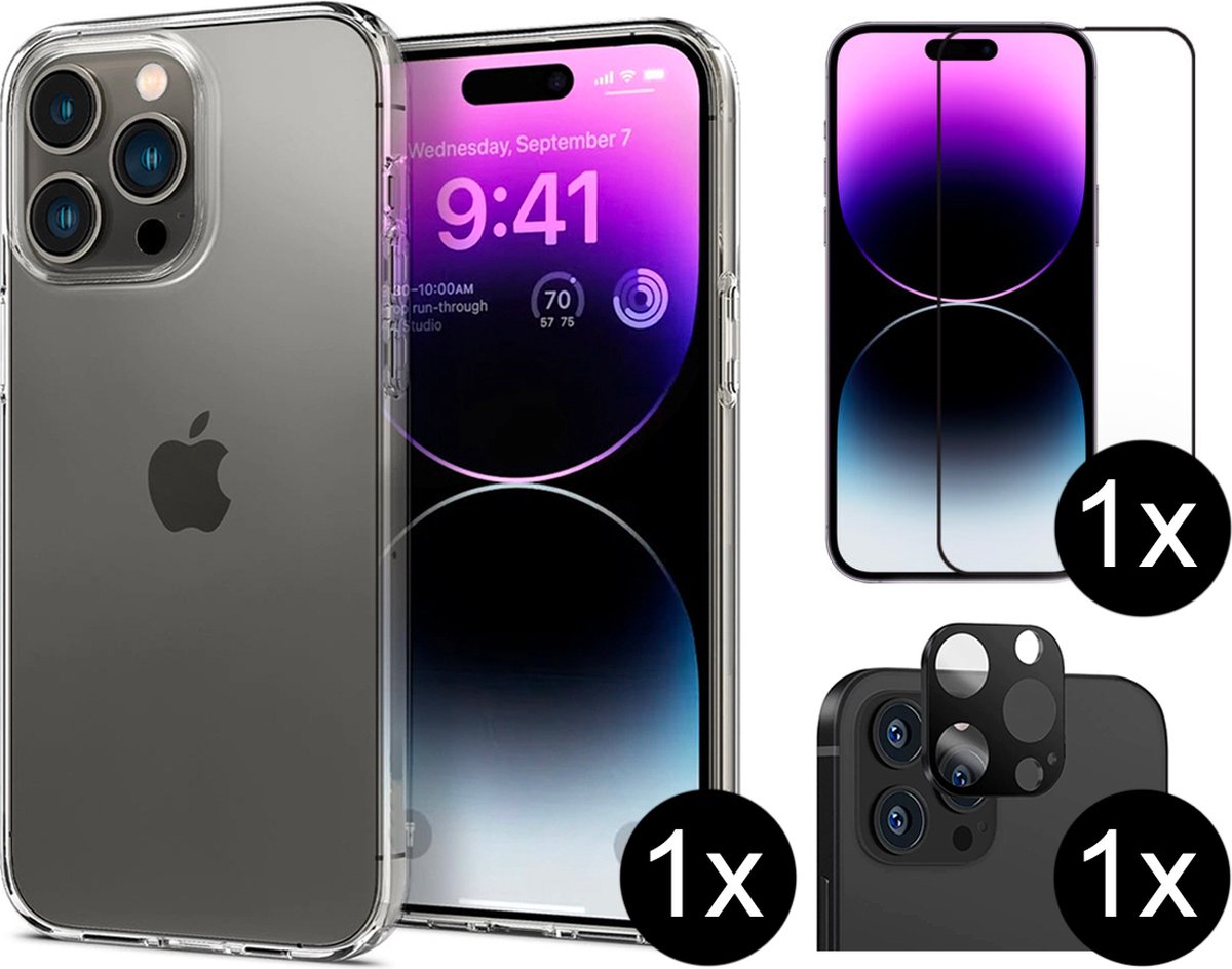 iPhone 14 Pro hoesje siliconen case transparant cover - 1x iPhone 14 Pro Screen Protector Full Cover + 1x Camera Lens Screenprotector