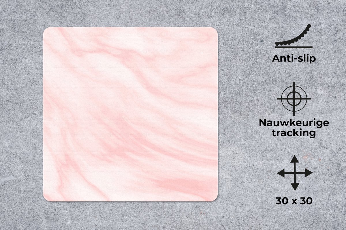 Muismat 30x30 cm - Mousepad Marmer - Roze - Wit - Luxe - Marmer printlook - Muismatten
