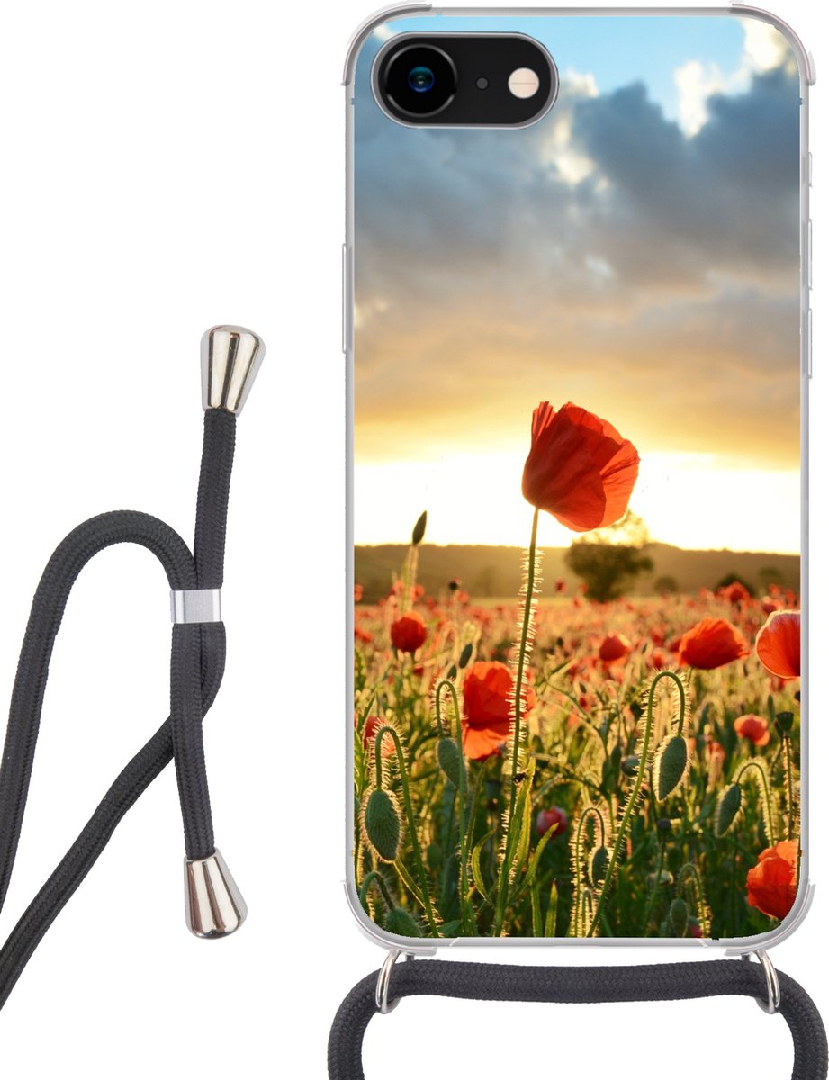 Telefoonhoesje Geschikt voor iPhone SE 2020 - Kleurrijke lucht boven vele Klaprozen - Siliconen - Crossbody - Backcover met Koord - Telefoonhoesje met koord - Hoesje met touw Telefoonhoesje