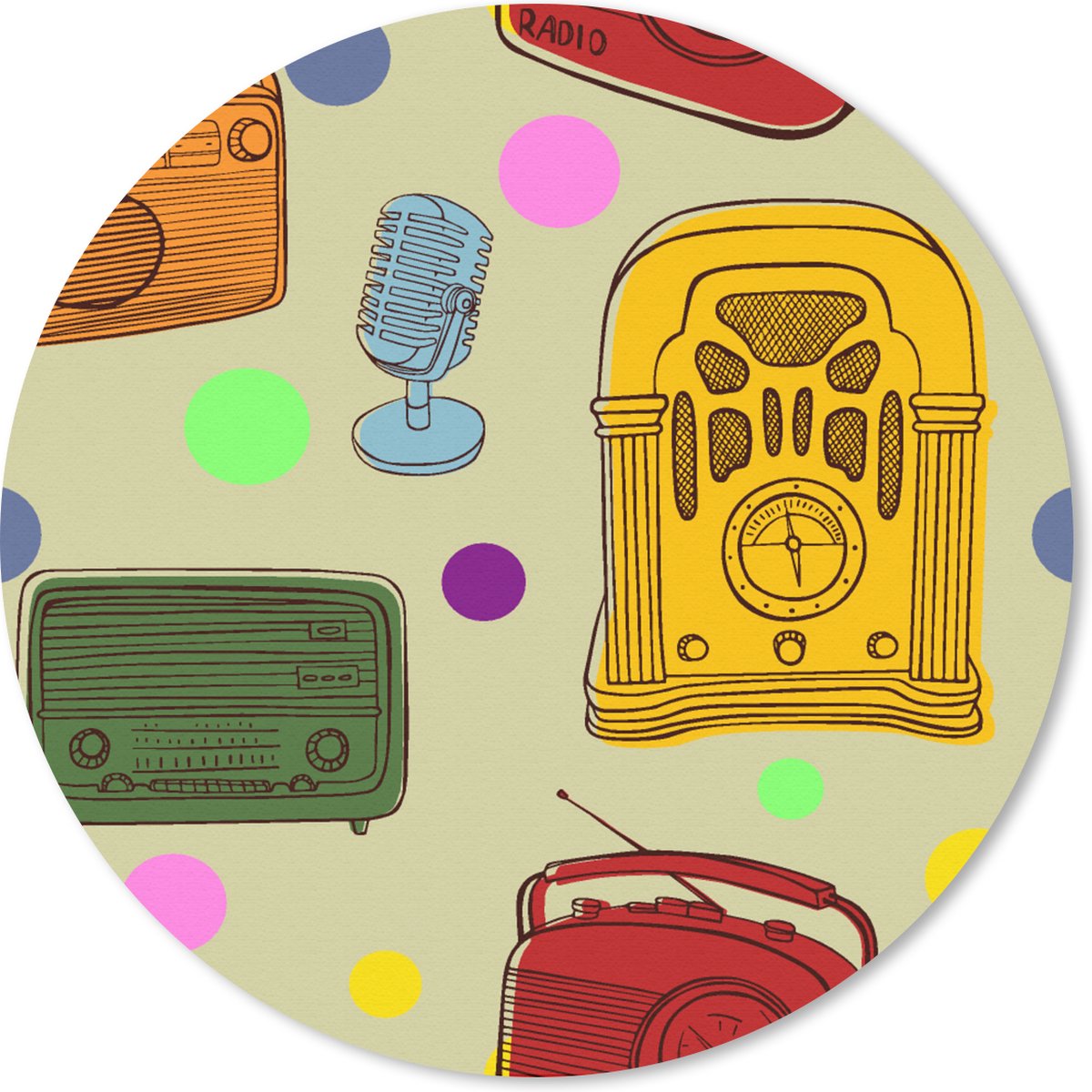 Muismat rond 20x20 cm - Mousepad Vintage - Radio - Microfoon - Patroon - Ronde muismatten