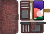 Hoesje Geschikt voor Samsung Galaxy A22 5G - Bookcase - A22 5G Wallet Book Case Echt Leer Croco Bordeauxrood Cover