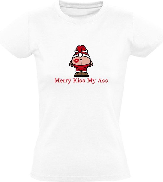 Merry Kiss My Ass Dames T Shirt Kerst Feestdag Christmas Xmas
