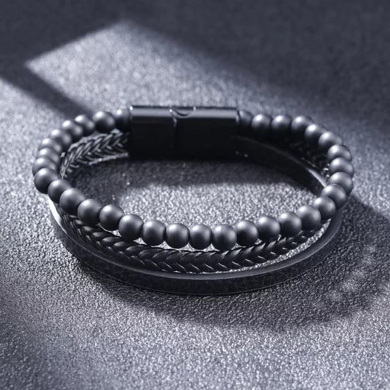 Bracelet homme - double cordon - rond cuir tressé noir - pierre naturelle noire mate - perles - Leerella - fermoir acier inoxydable noir - Modèle O - Saint Valentin - Anniversaire - Cadeaux