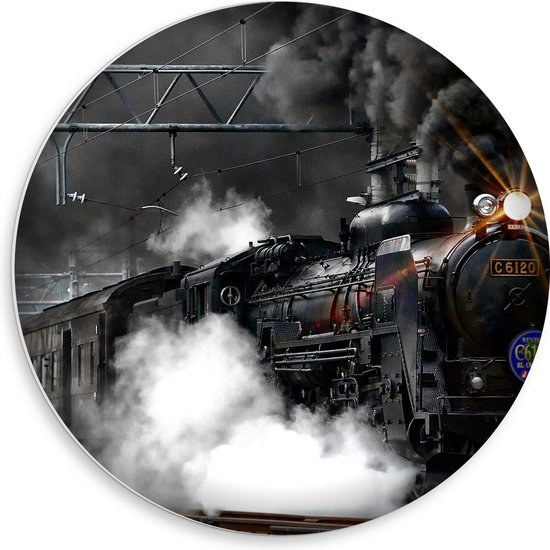 WallClassics - PVC Schuimplaat Muurcirkel - Stroomtrein bij Donkere Lucht - 50x50 cm Foto op Muurcirkel (met ophangsysteem)